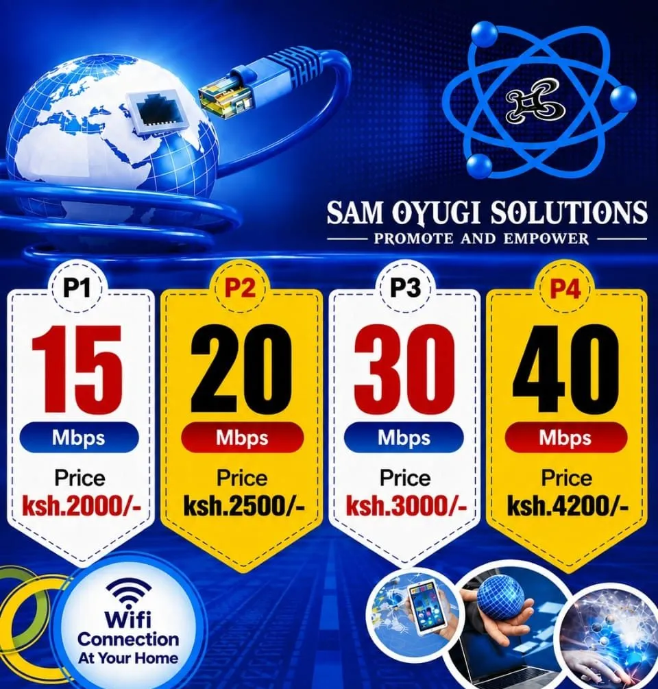 Home Wi-Fi packages flyer: P1 15 Mbps KES 2,000, P2 20 Mbps KES 2,500, P3 30 Mbps KES 3,000, P4 40 Mbps KES 4,200